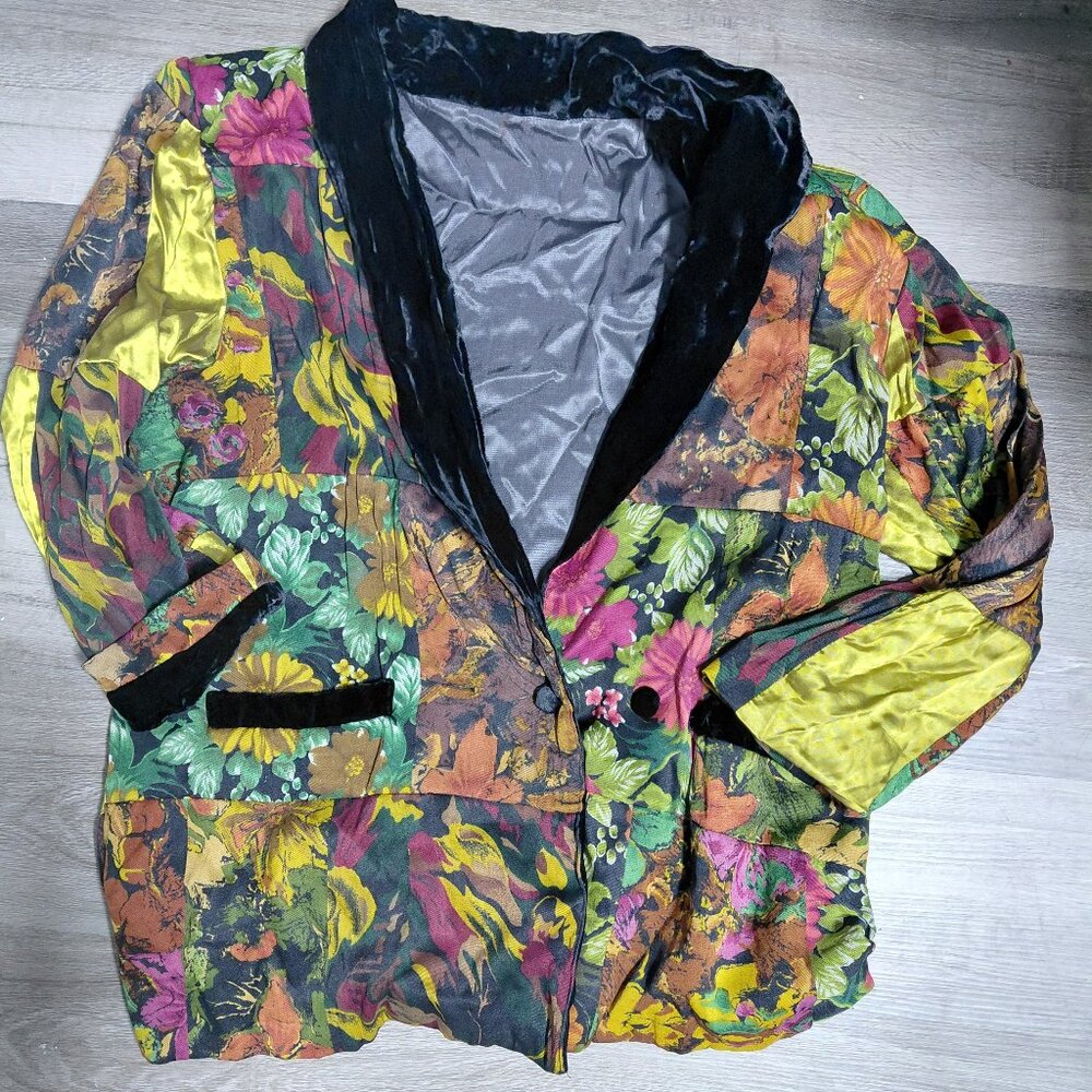 Vintage Multi Color Floral Yellow Velvet Blazer and Black Lapel